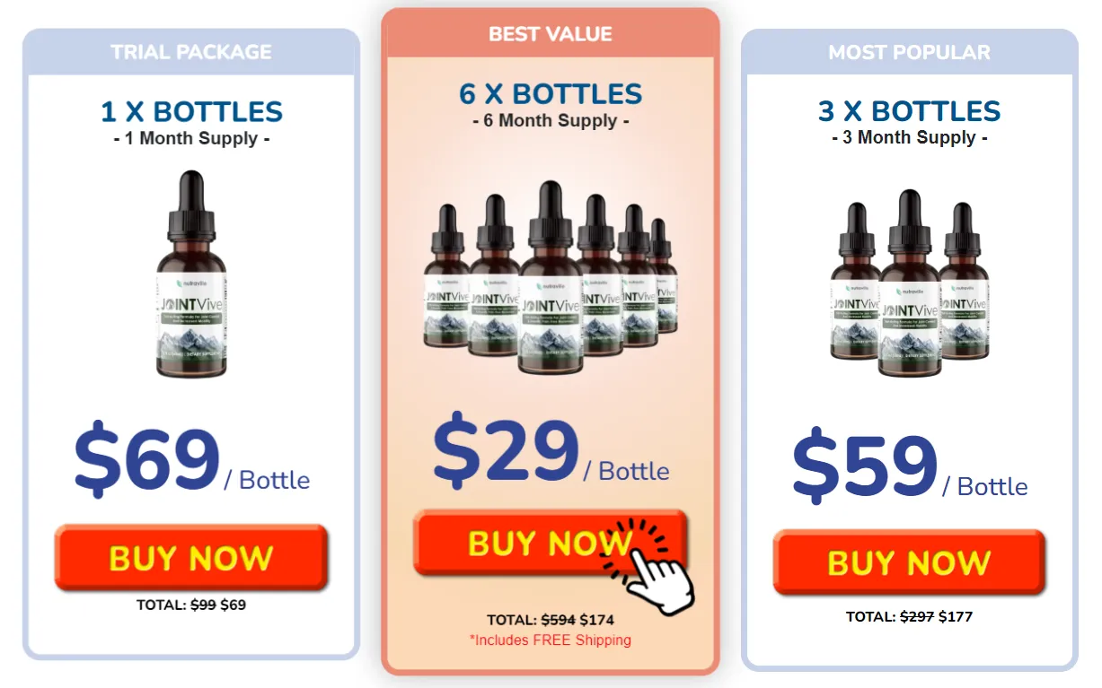JointVive pricing options showing 1 bottle trial, 3 bottles popular pack, and 6 bottles best value joint support supplement offer