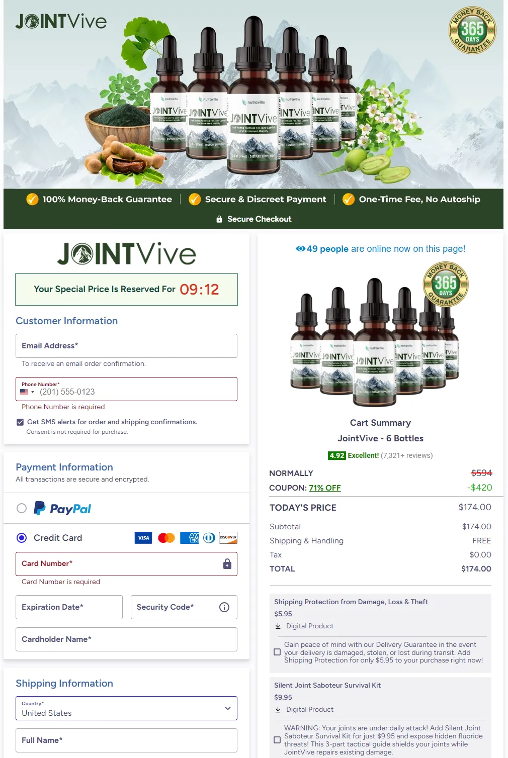 JointVive Secure Checkout Page with Pricing, Order Form